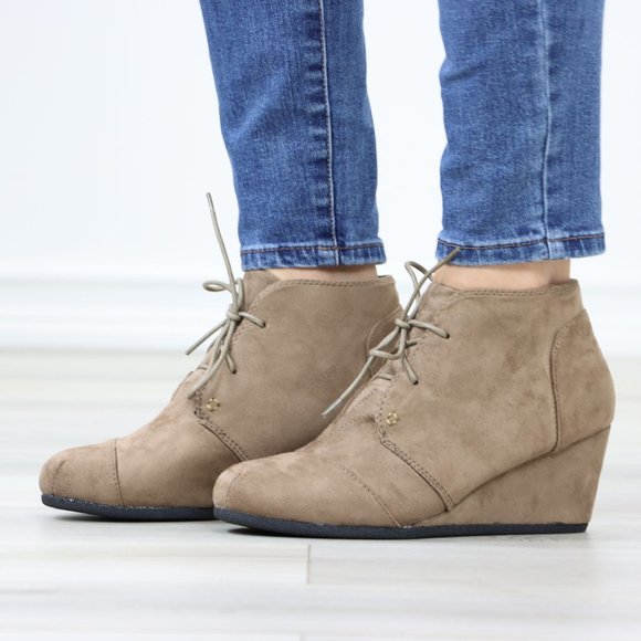 Taupe Faux Suede Round Toe Wedge Heel Lace Up Ankle Boots - Picture 11 of 12